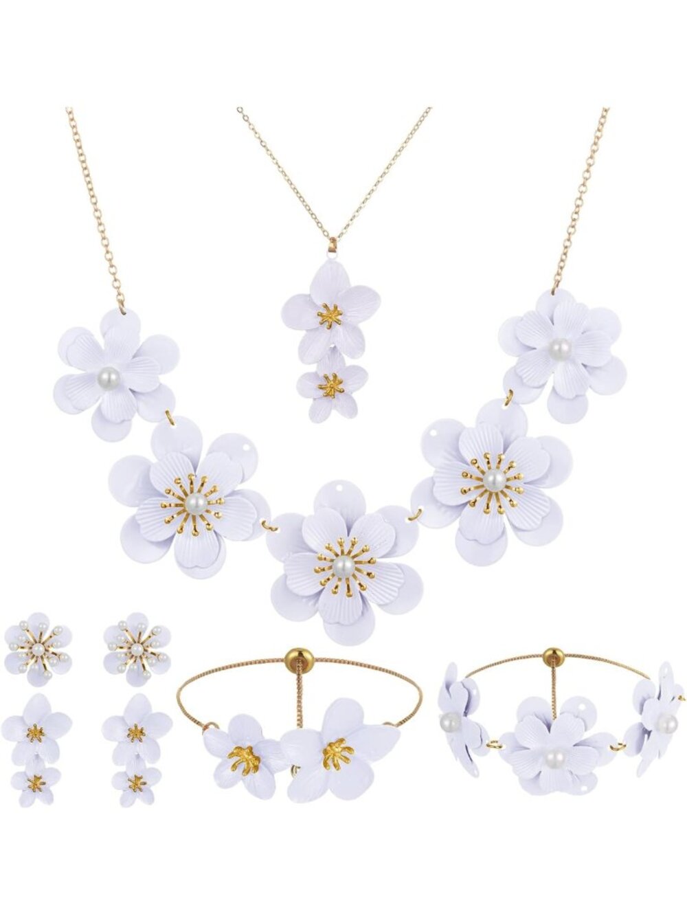 Floral Summer Jewelry Set - 6 Pcs Flower Necklace, Earrings & Bracelet Gift for